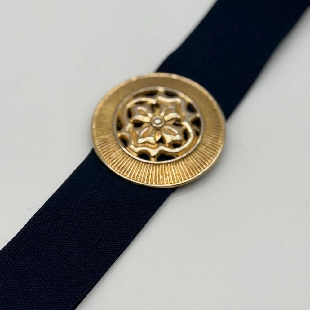 Vintage Navy Blue Elastic Cinch Belt Gold Filigree Round Buckle Medium 27 Inch